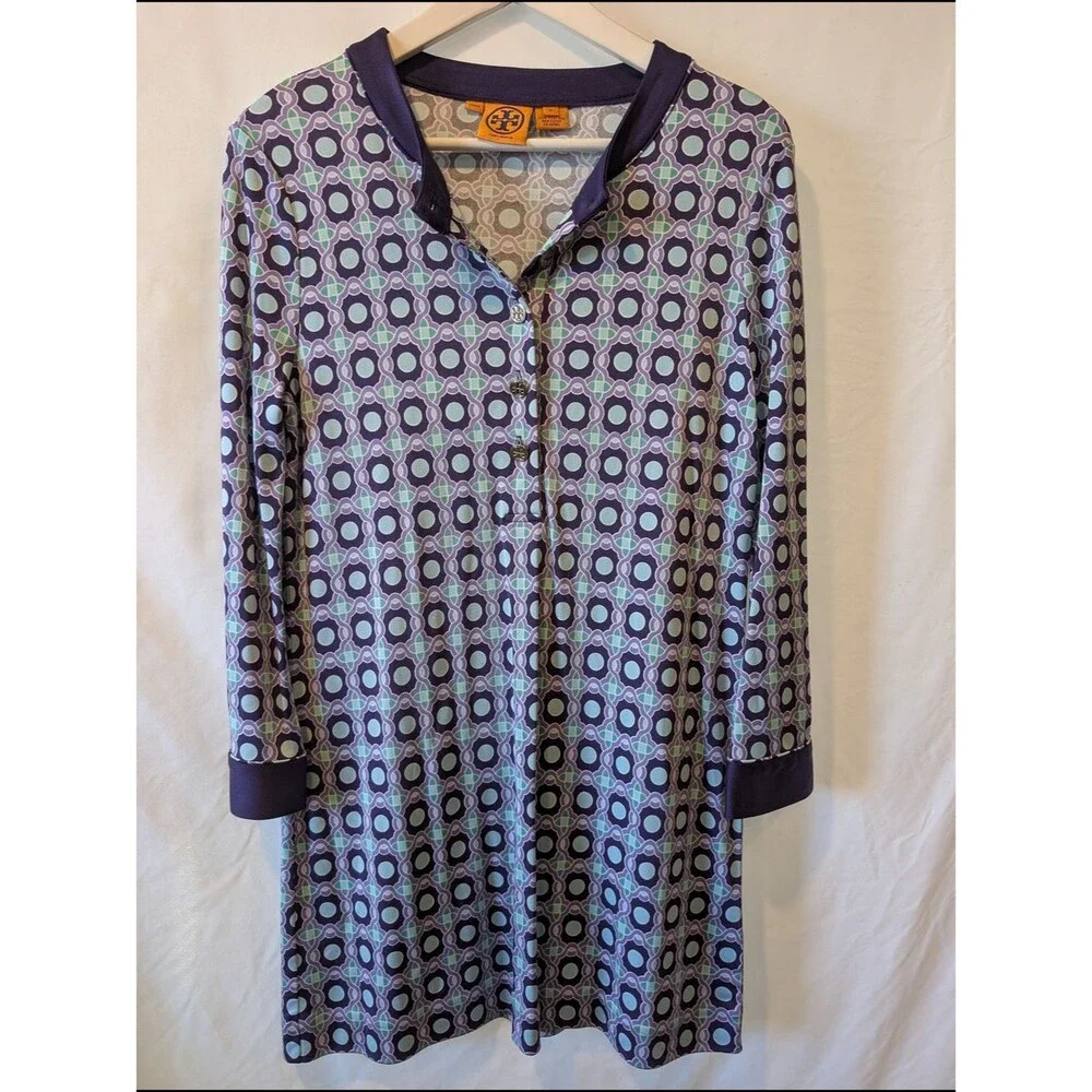 Tory Burch Silk Jersey Shift Dress Purple Teal Geometric Logo Button Mini Medium